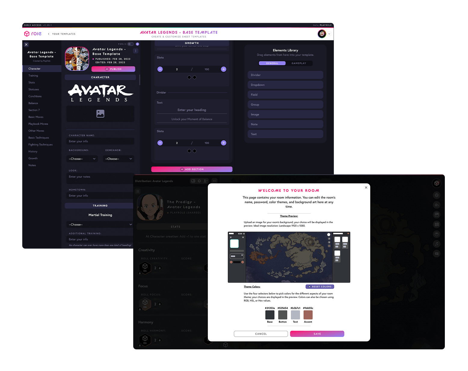2 screenshots of Role sheet builder and theming UI