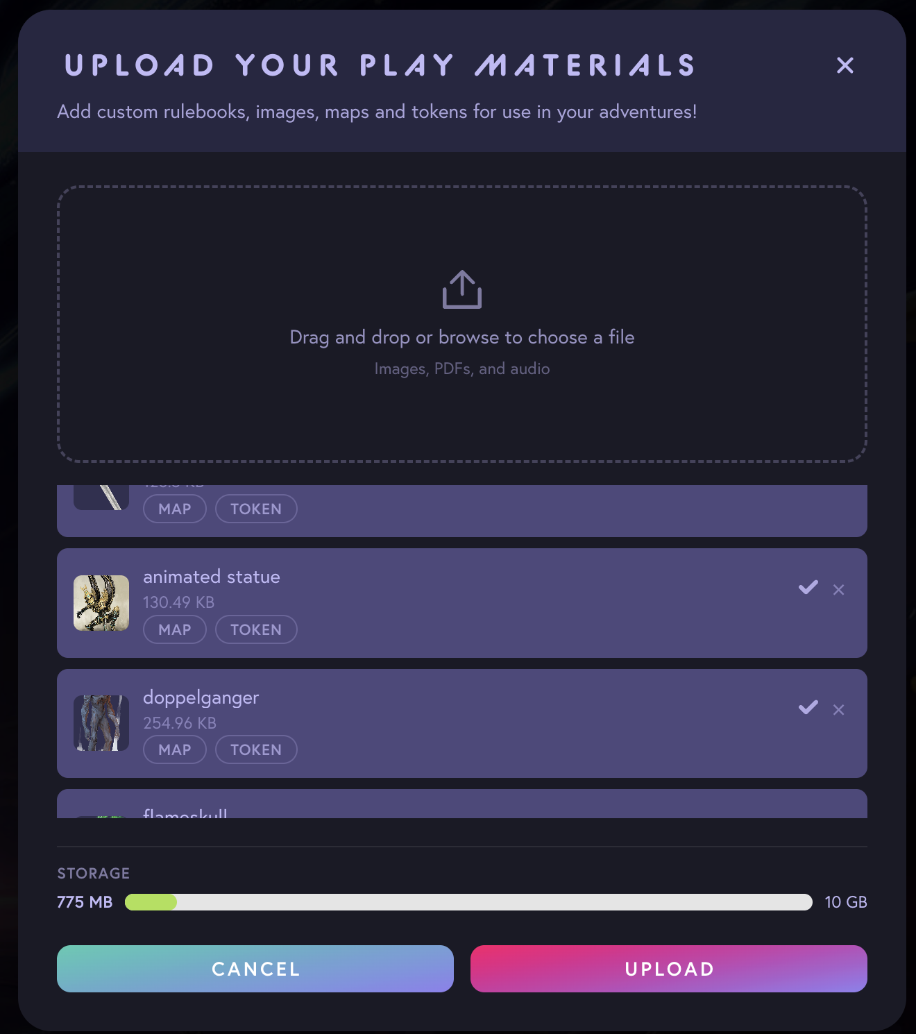 Files queued with Map and Token toggles